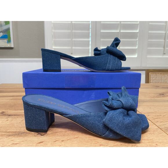 Stuart Weitzman Love Knot 50 Block Slide Vintage Denim Indigo Size 9.5 NIB - Picture 3 of 14